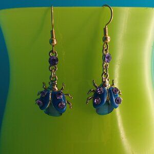 Blue/gold Lady bug with purple rhinestone crystal dangle earrings